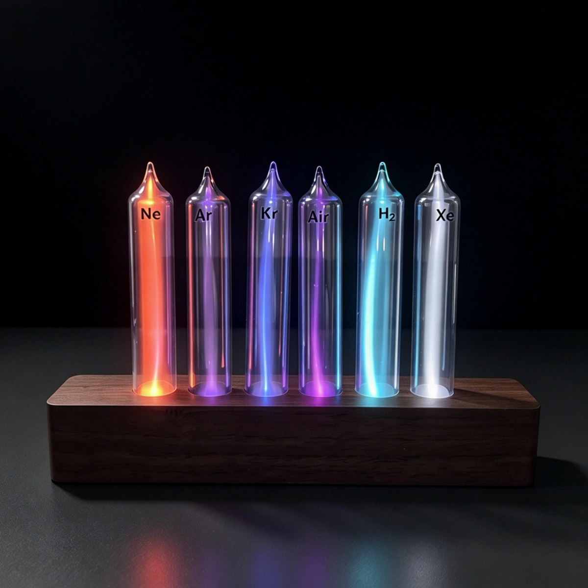Wooden Base Gas Glow Tube Set – 10 Noble Gases on Handcrafted Walnut