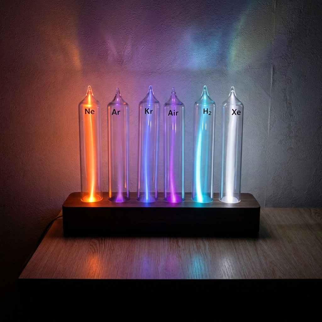 Wooden Base Gas Glow Tube Set – 10 Noble Gases on Handcrafted Walnut