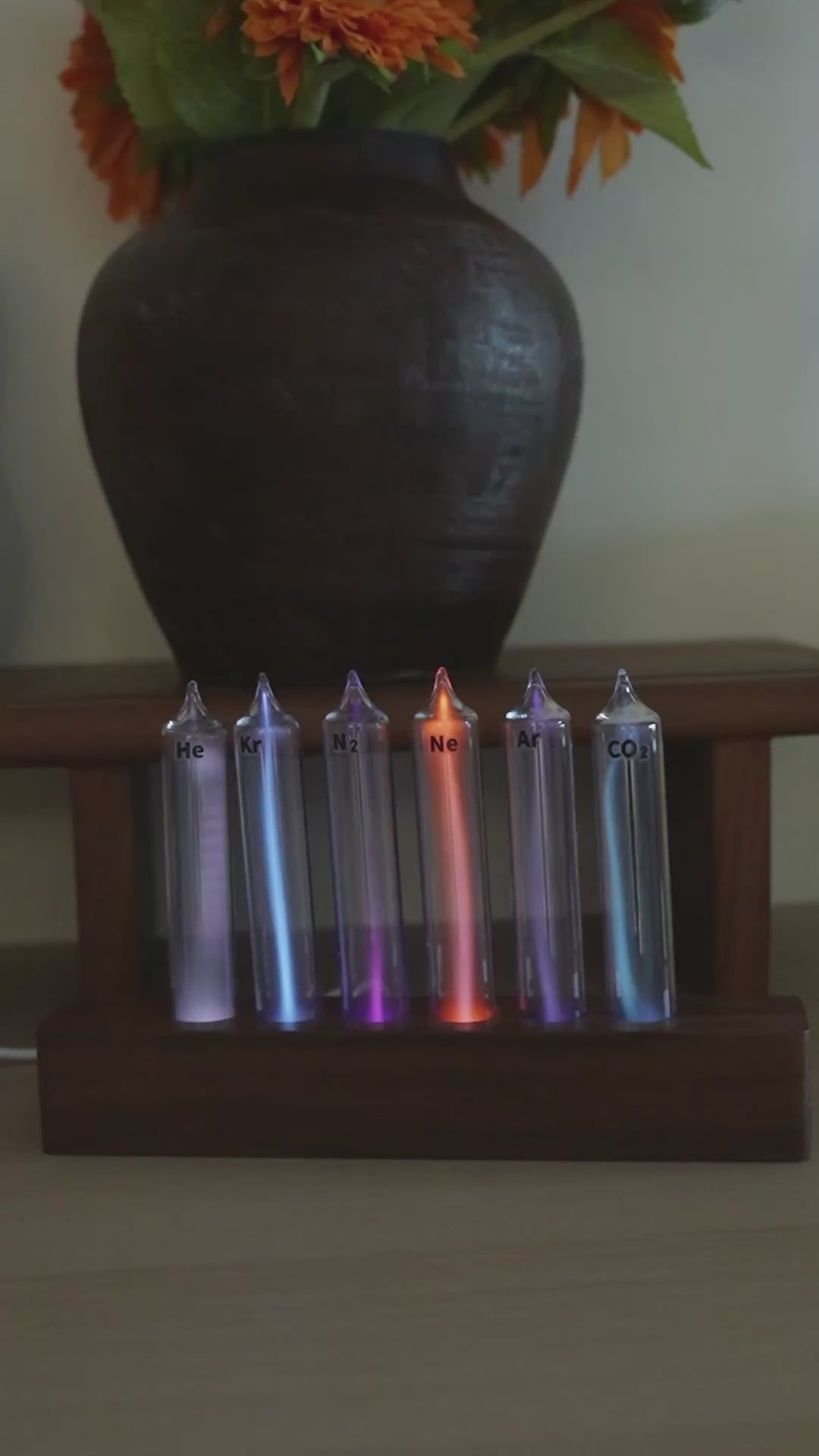 Wooden Base Gas Glow Tube Set – 10 Noble Gases on Handcrafted Walnut
